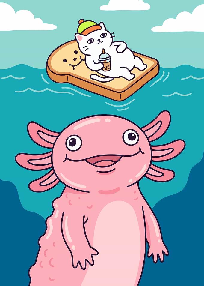 Cute Cat and Axolotl in Water