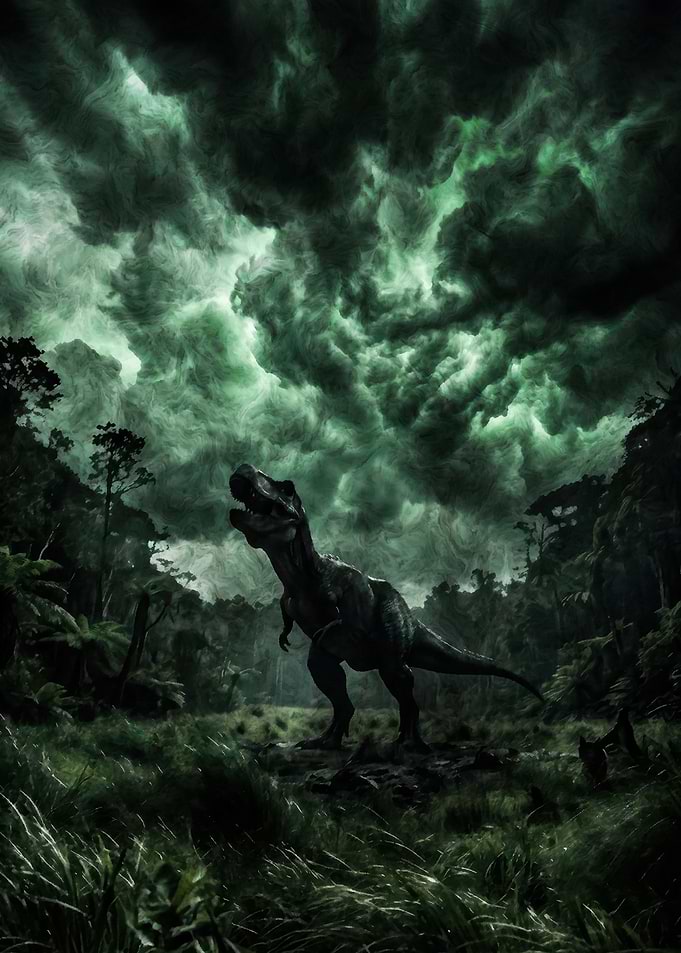Tyrannosaurus Rex in a Stormy Jungle