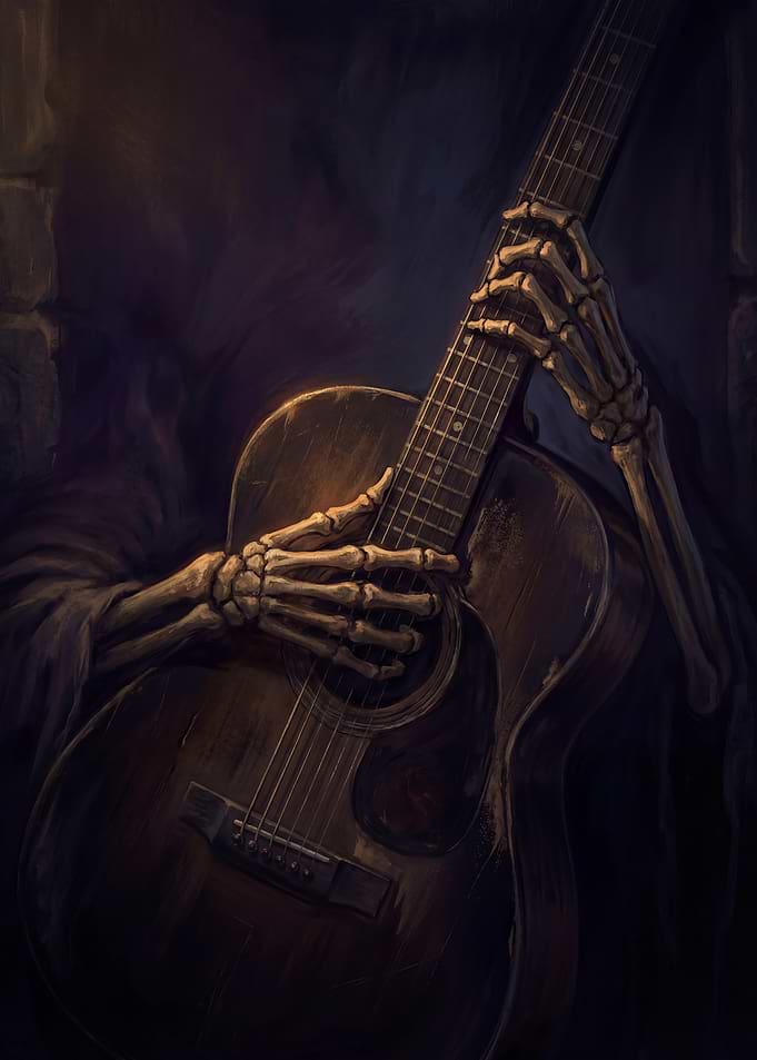 Skeleton playing guitar