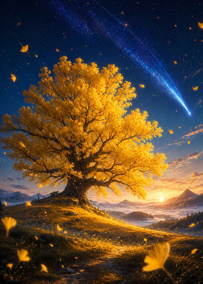 Golden Tree Under a Meteor Shower