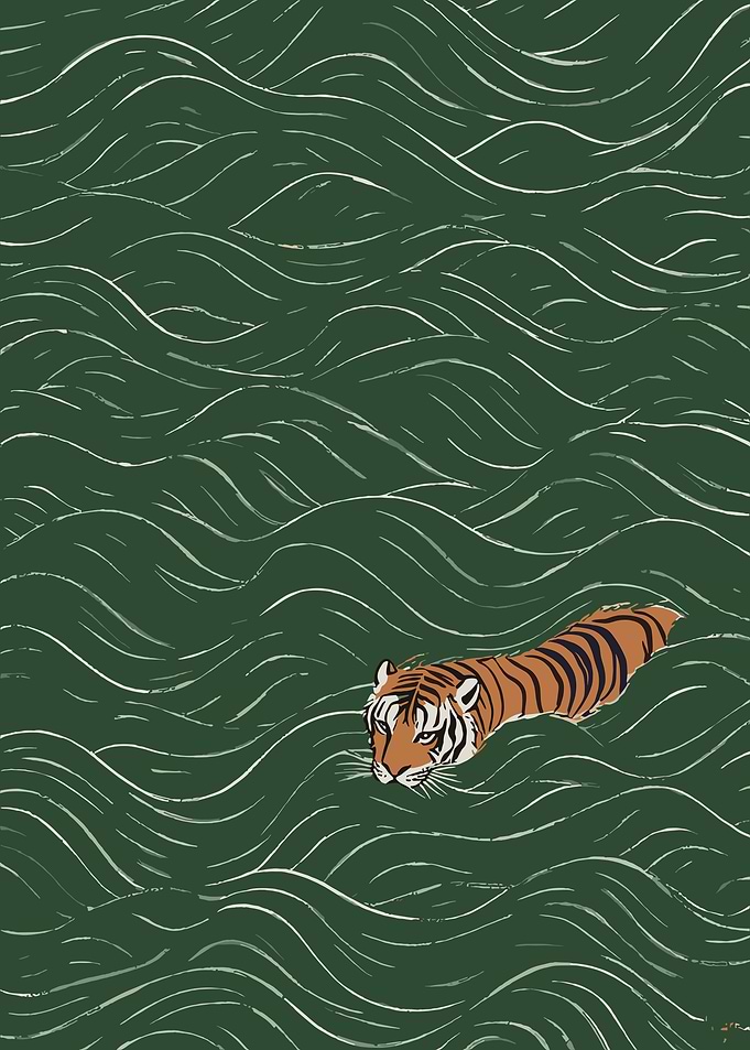 Tiger swimming in green waves