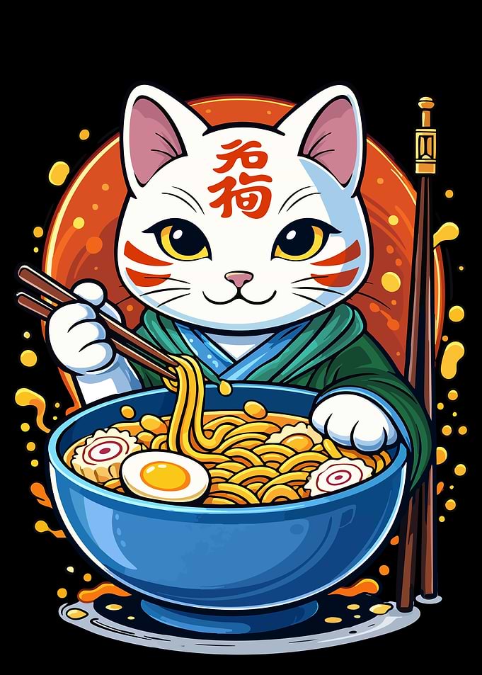 Lucky Cat Eating Ramen