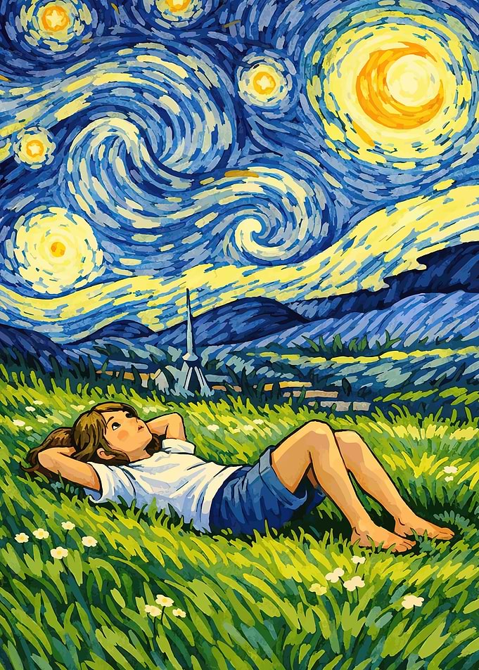 Girl Gazing at Starry Night Sky