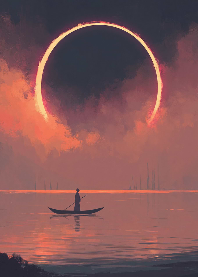 Man in a boat during a solar eclipse