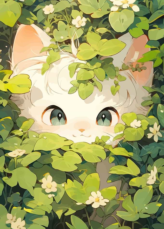 Cute Cat Peeking Through Green Leaves