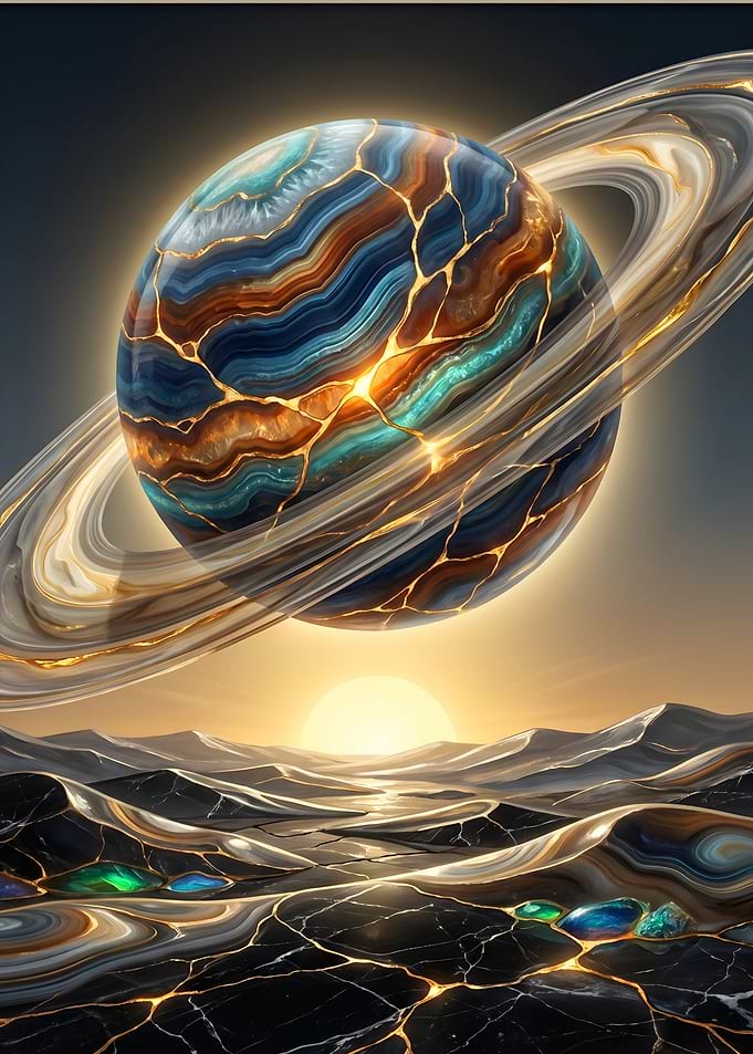 Cracked Planet with Rings Over Desert Landscape