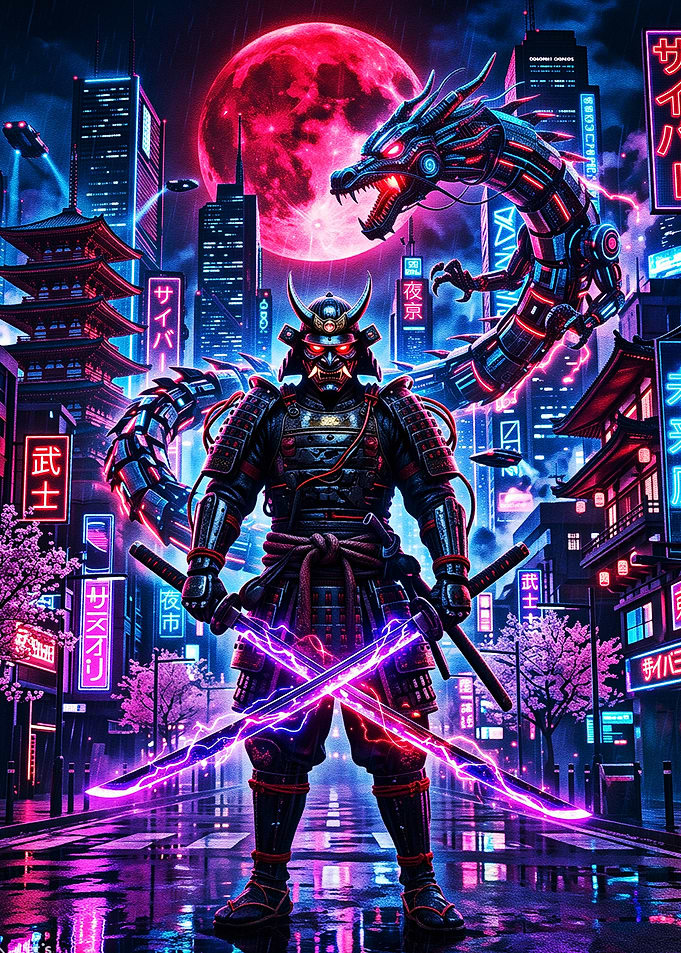 Neon Cyber Samurai Dragon Warrior