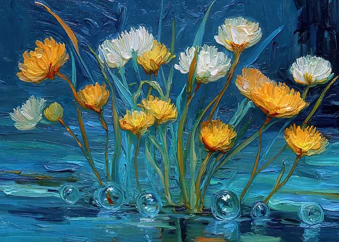 Impressionist Floral Painting with Bubbles