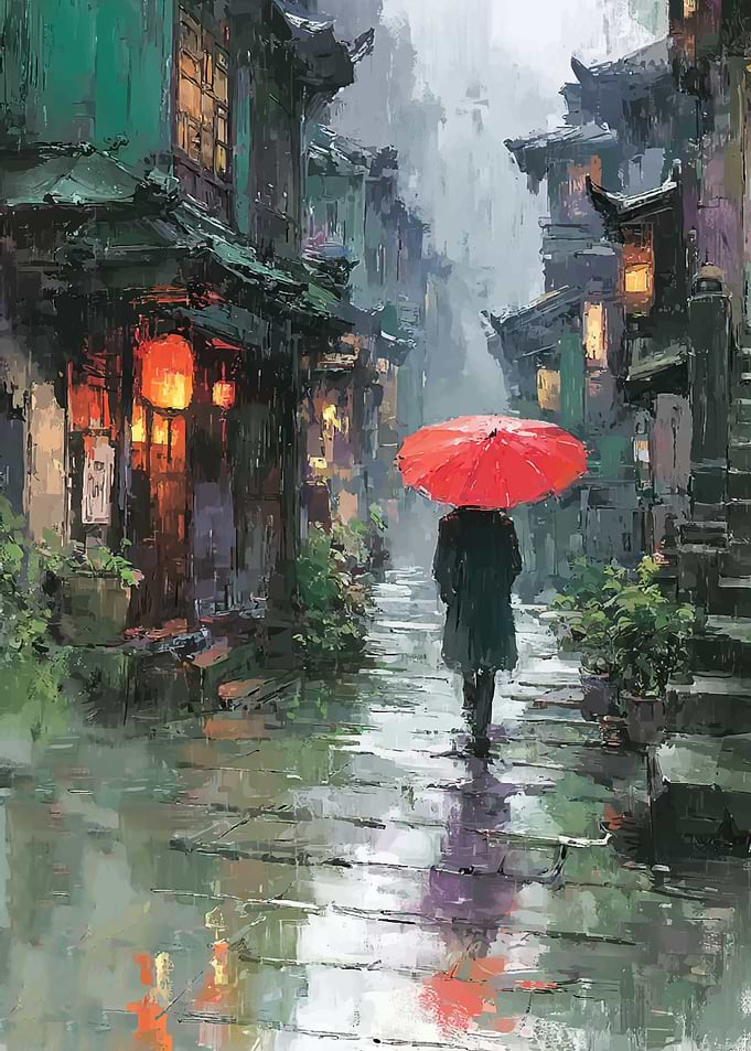 Person with Red Umbrella in Rainy Asian Street