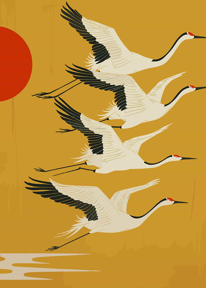 Cranes Flying Over Water at Sunset