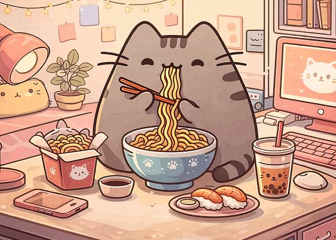 Cute Cat Eating Noodles
