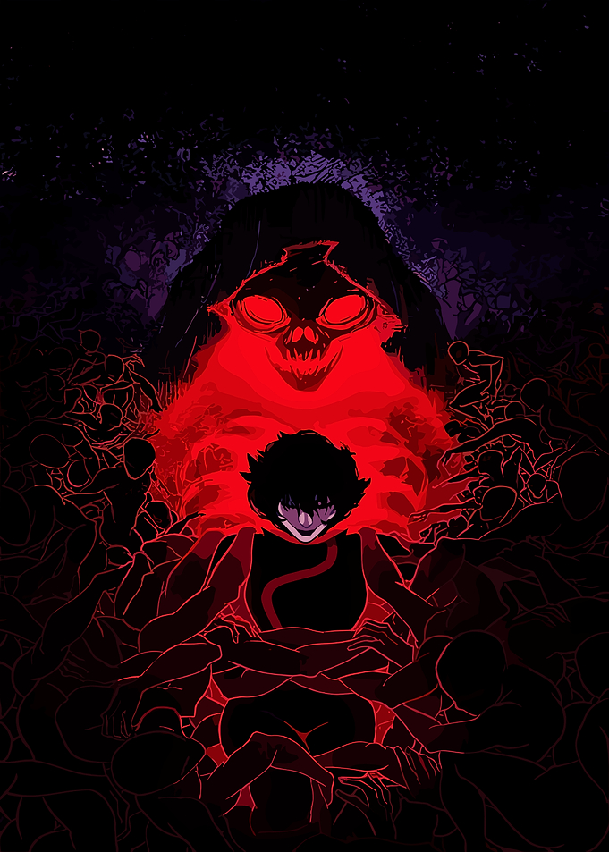 Dark Figure with Glowing Skull and Trapped Souls