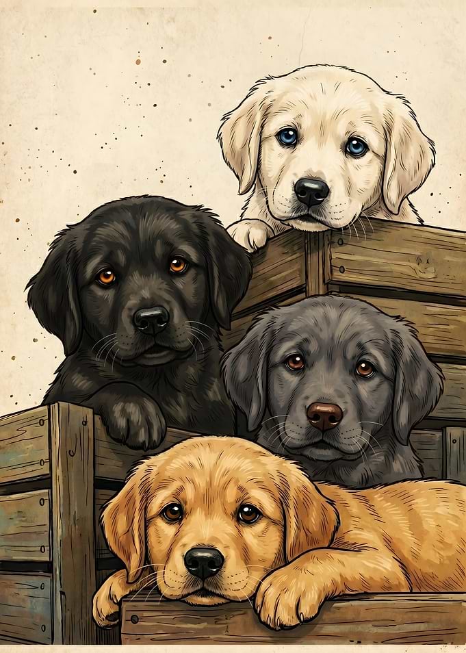 Four Labrador Puppies in a Crate