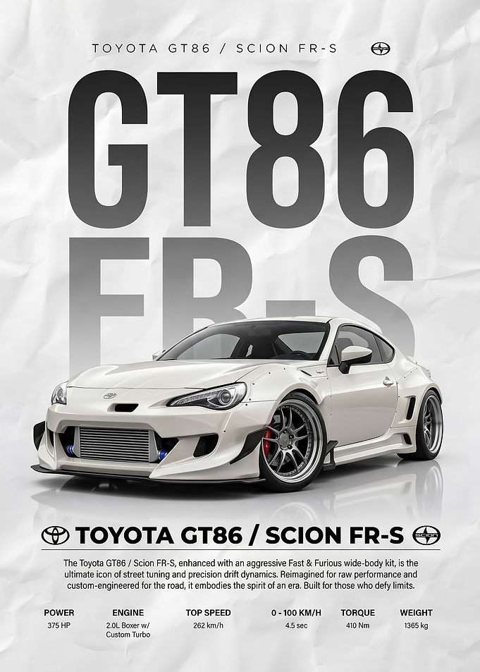 sleek white modified Toyota GT86 Scion FR-S car poster