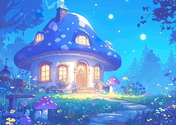 Enchanted Mushroom House at Night