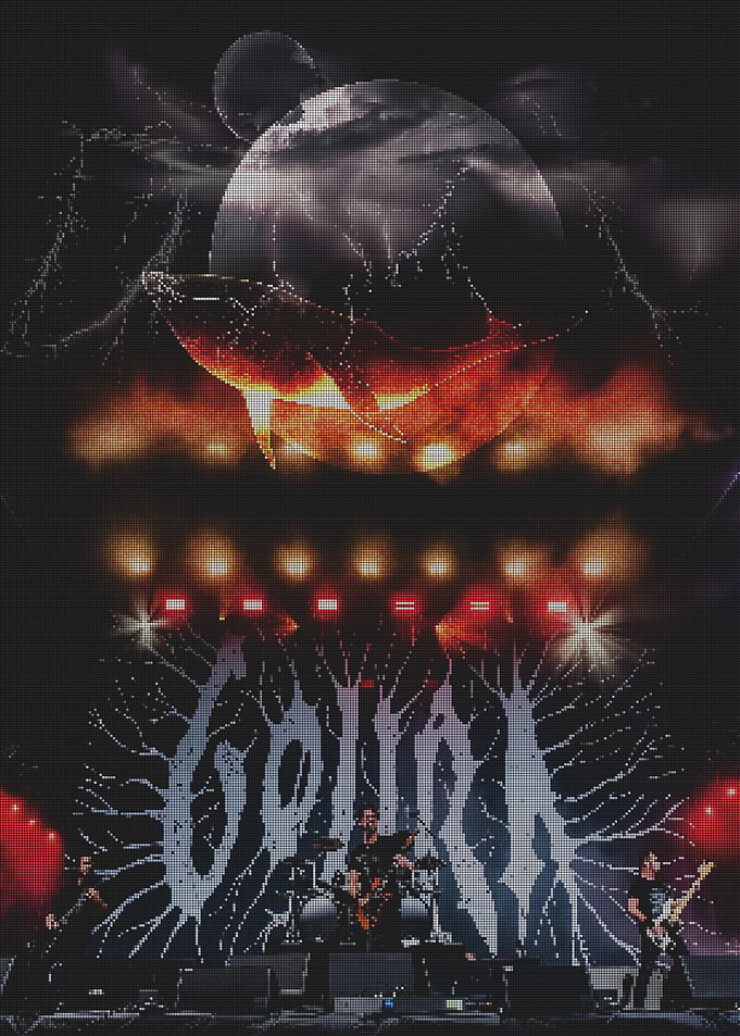 Band performing on stage with cosmic backdrop
