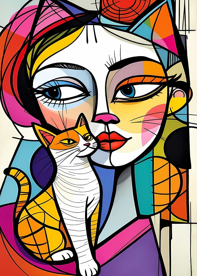 Cubist Cat and Woman Portrait