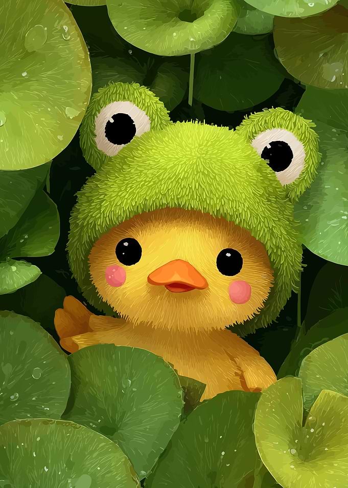 Cute Duckling in Frog Hat Among Lily Pads