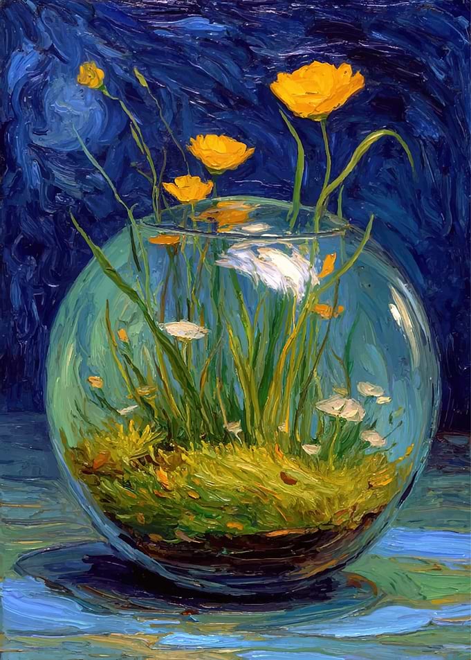 Van Gogh-style Fishbowl with Flowers