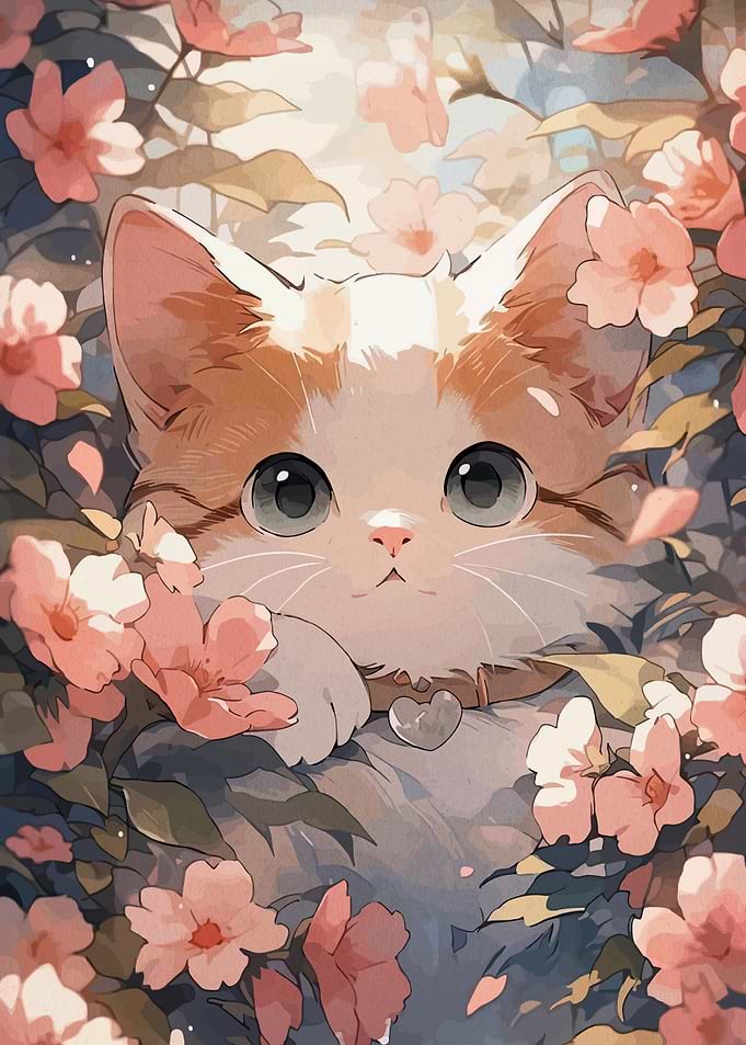 Cute Kitten Among Pink Flowers