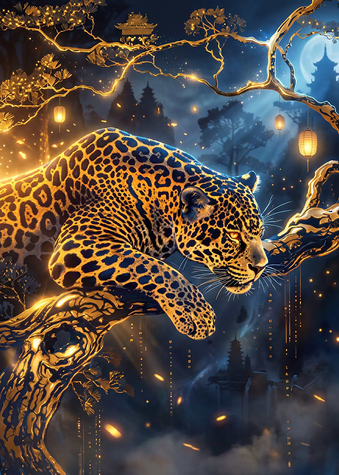 Golden Jaguar on a Mystical Tree