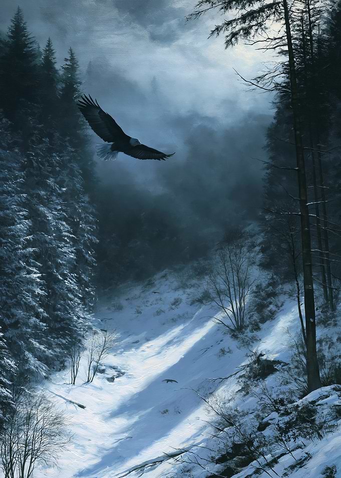 Eagle soaring over a snowy forest ravine