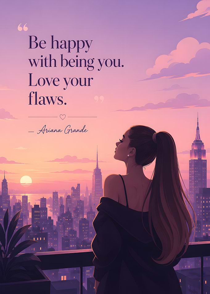 Ariana Grande quote with cityscape sunset