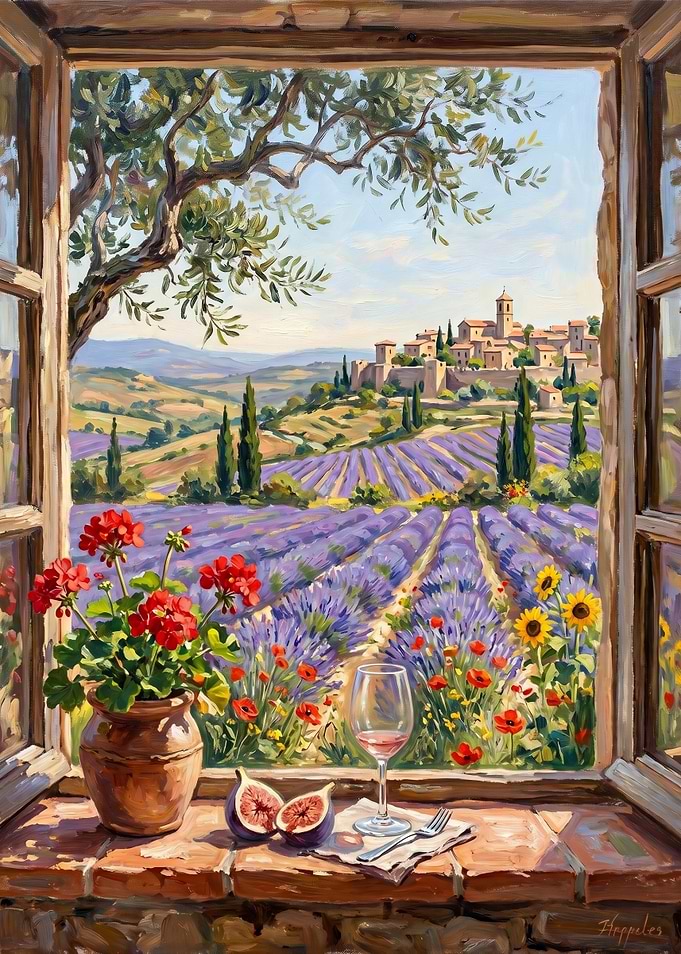 Tuscan Window View with Lavender Fields