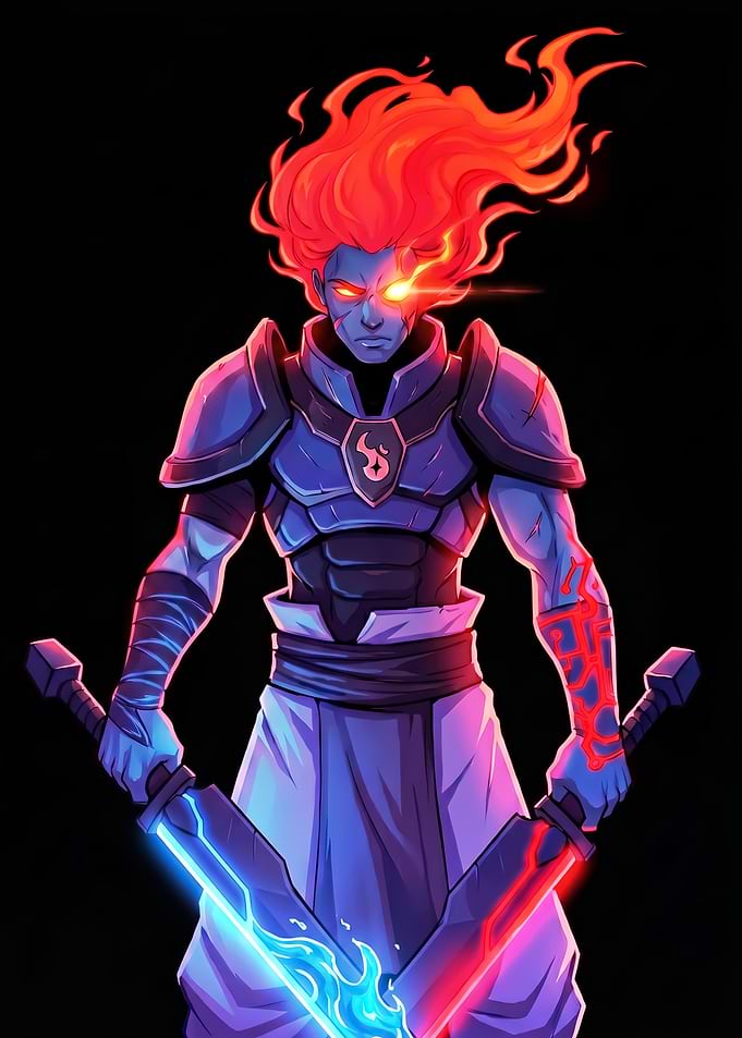 Fiery Warrior with Dual Swords
