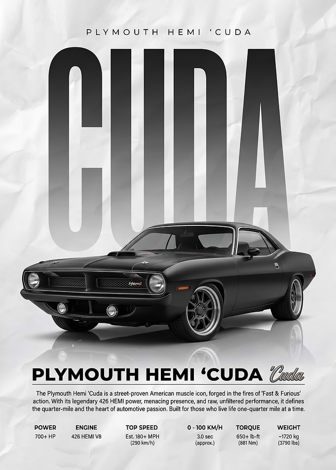 sleek black Plymouth Hemi 'Cuda Muscle Car poster