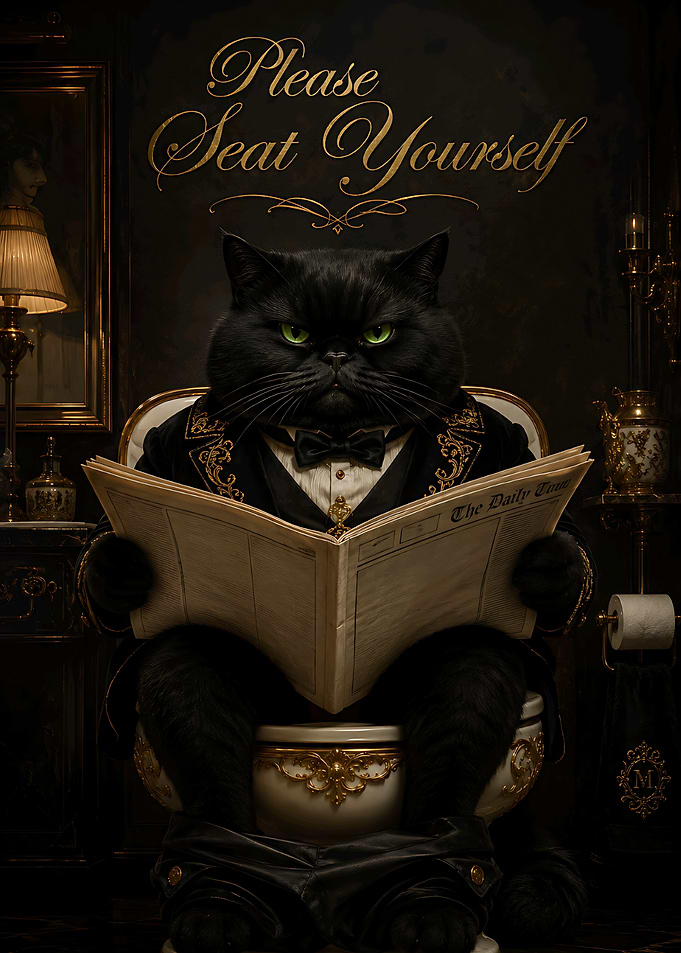 Black Cat Bathroom Decor Funny Rules Victorian Toilet Reading Newspaper
