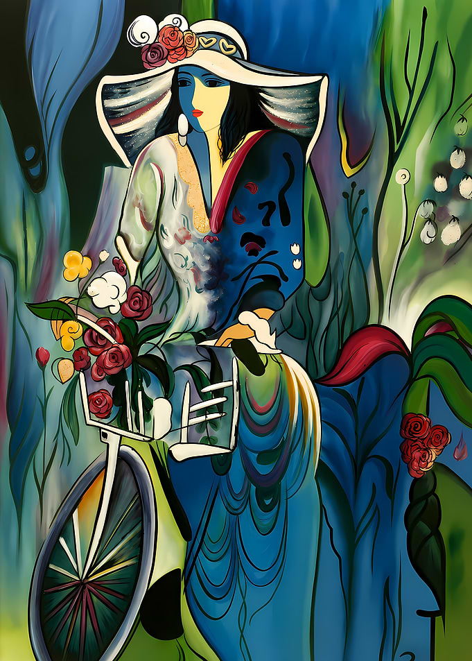 Woman with Bicycle and Flowers