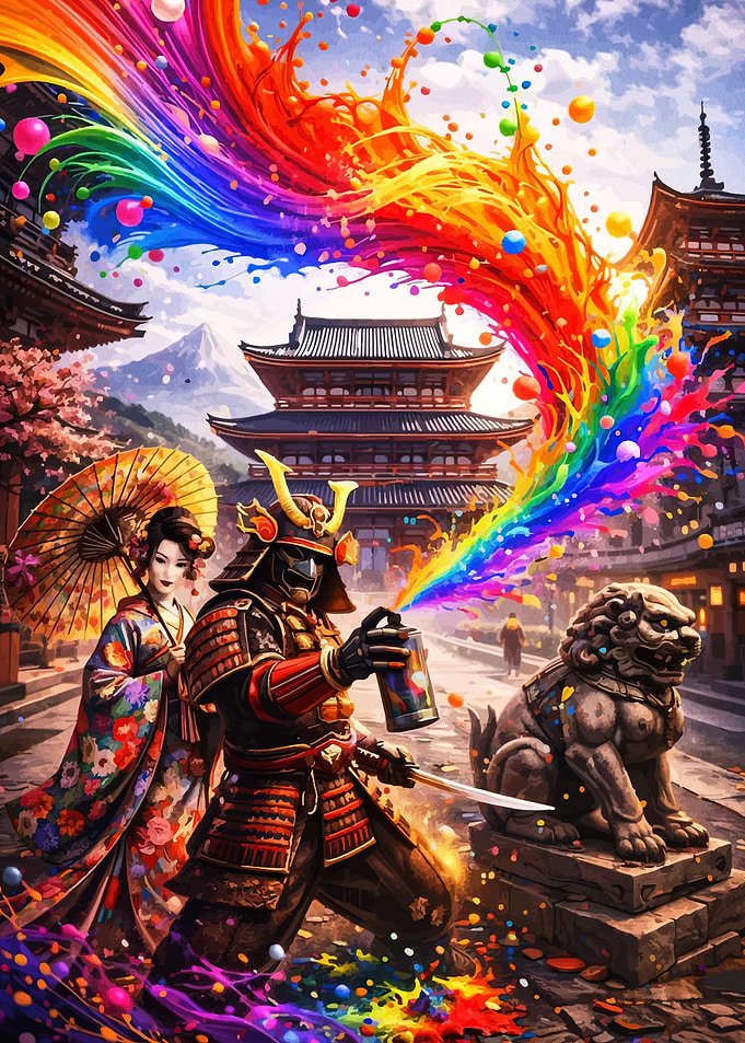Samurai and Geisha with Rainbow Spray Paint