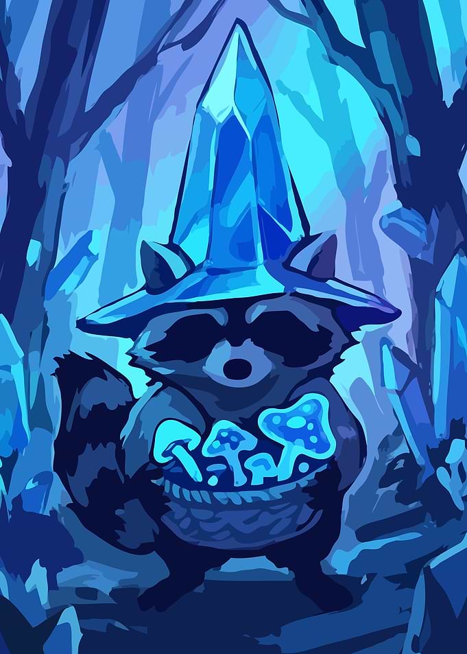 Raccoon Wizard with Crystal Hat and Mushrooms