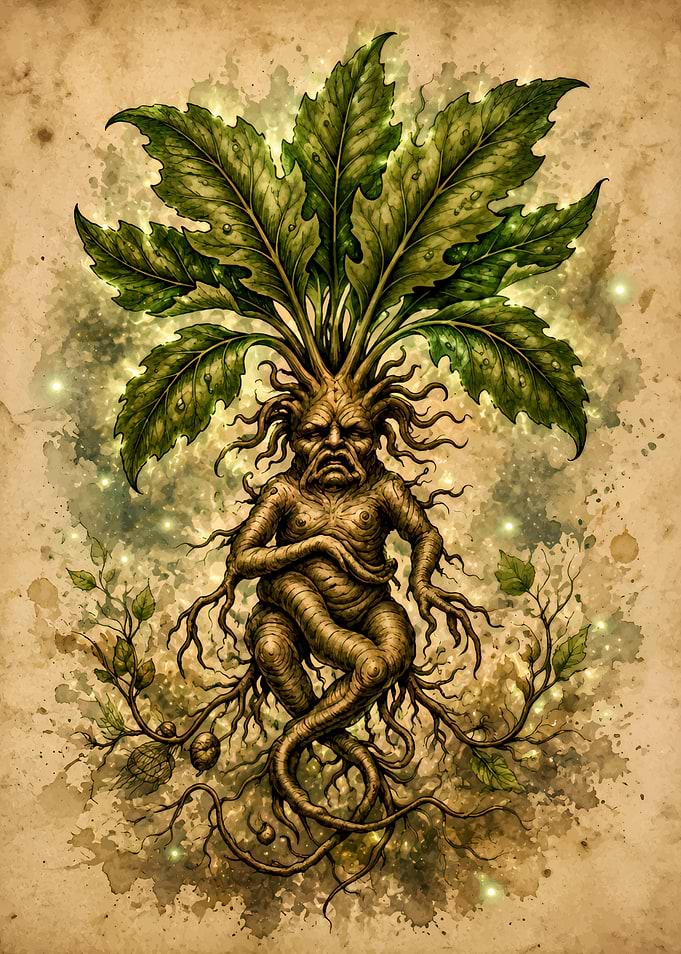 Mandrake Creature with Roots and Leaves