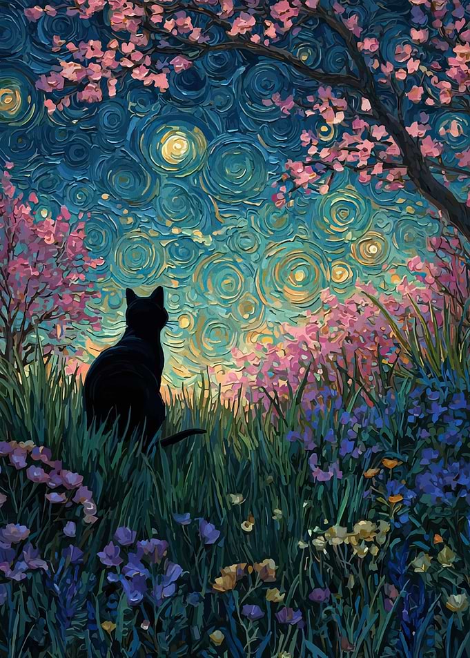 Black Cat Gazing at Starry Sky