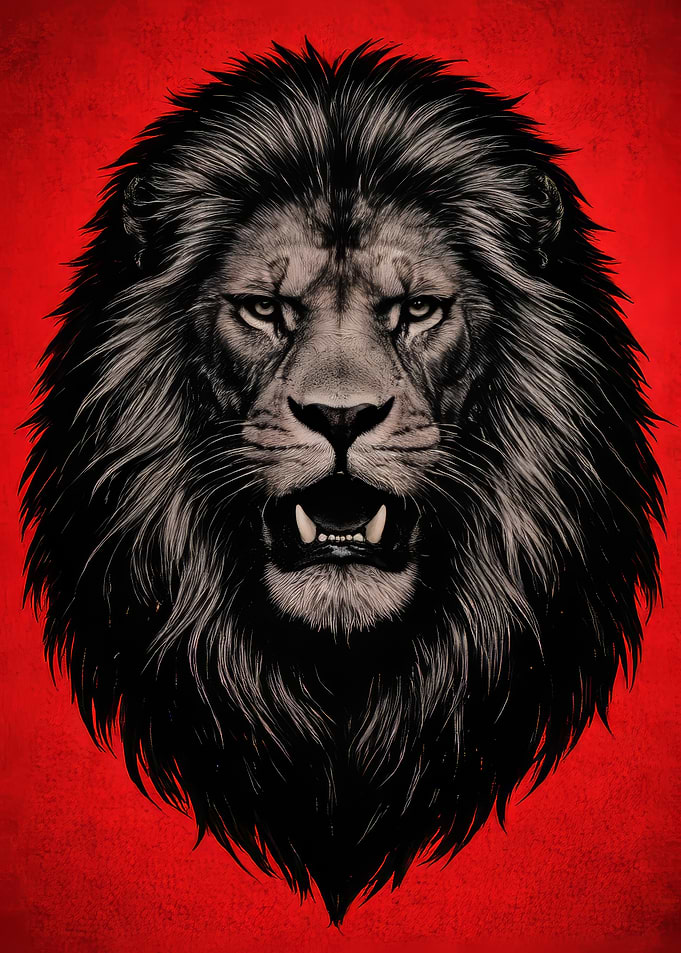 Fierce Lion Roaring on Red Background