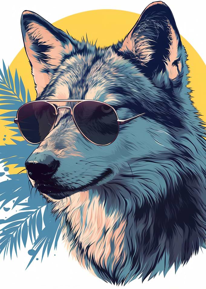Wolf Wearing Sunglasses with Tropical Leaves