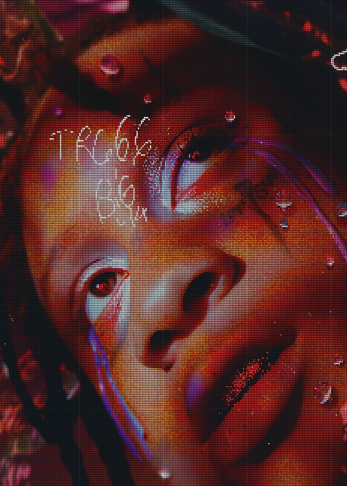 Close-up of a face with glitter and water droplets
