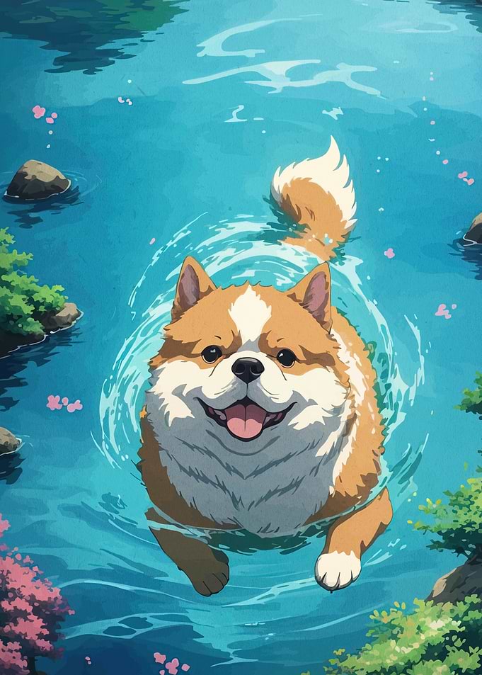Happy Shiba Inu Swimming in Water