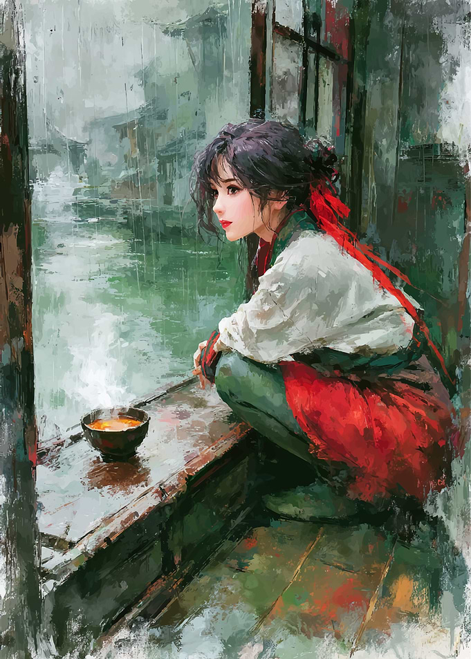 Woman in traditional Japanese attire by a window in the rain
