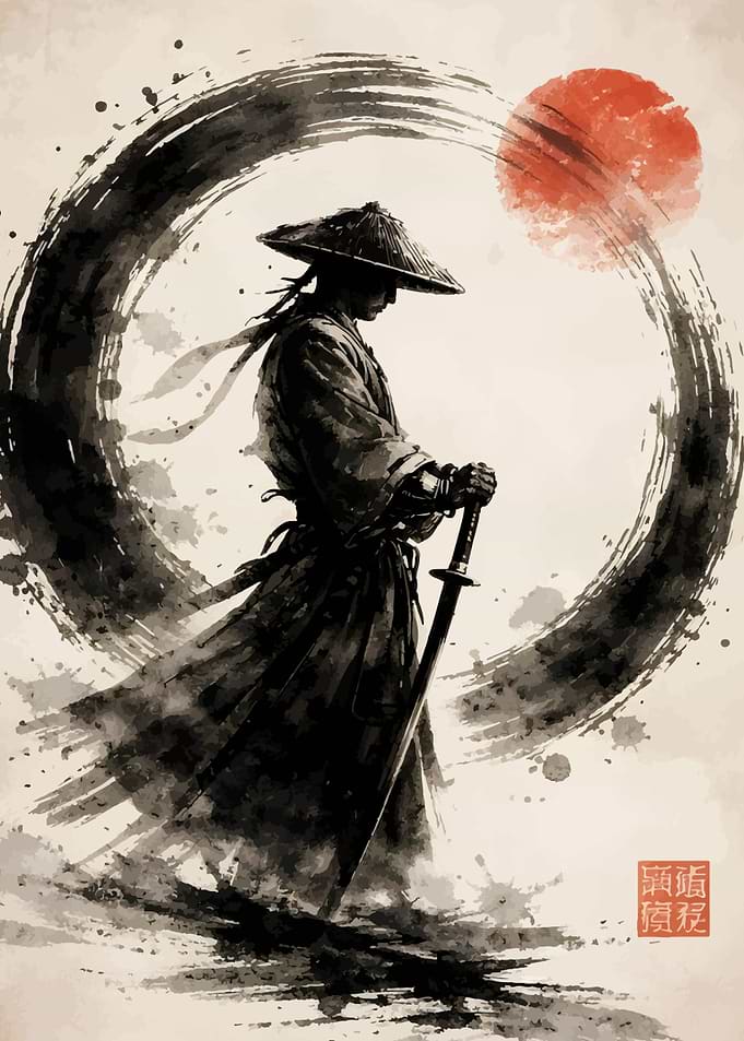 Samurai Warrior with Katana and Sun
