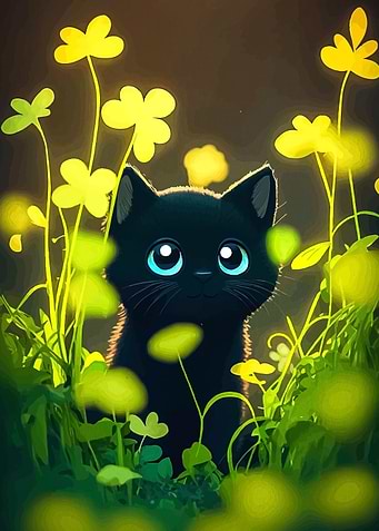 Cute Black Kitten in Yellow Flowers