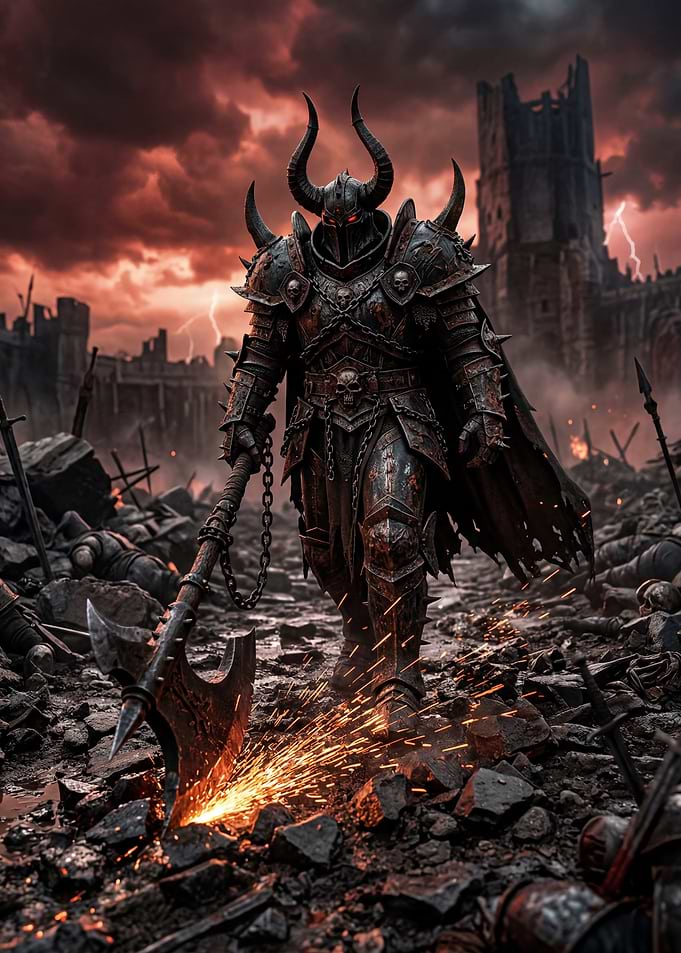 Dark Warrior with Axe in Ruined City