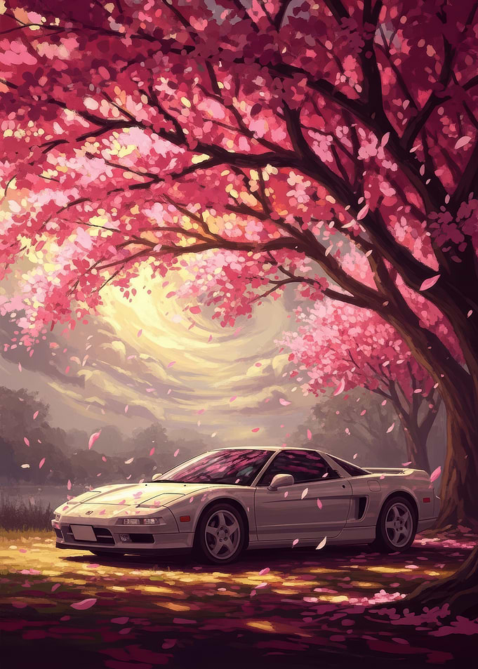 White Sports Car Under Cherry Blossoms
