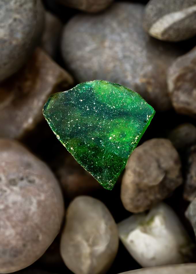 Green Glass Shard on Pebbles