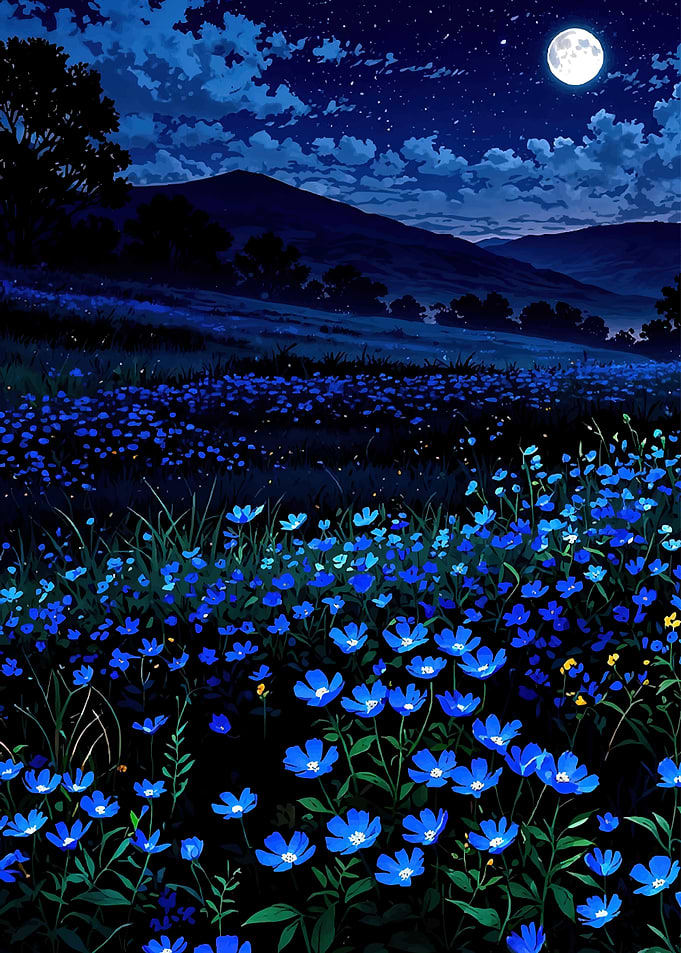 Moonlit Field of Blue Flowers