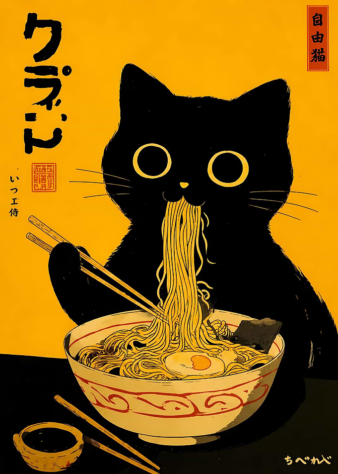 Black Cat Eating Ramen