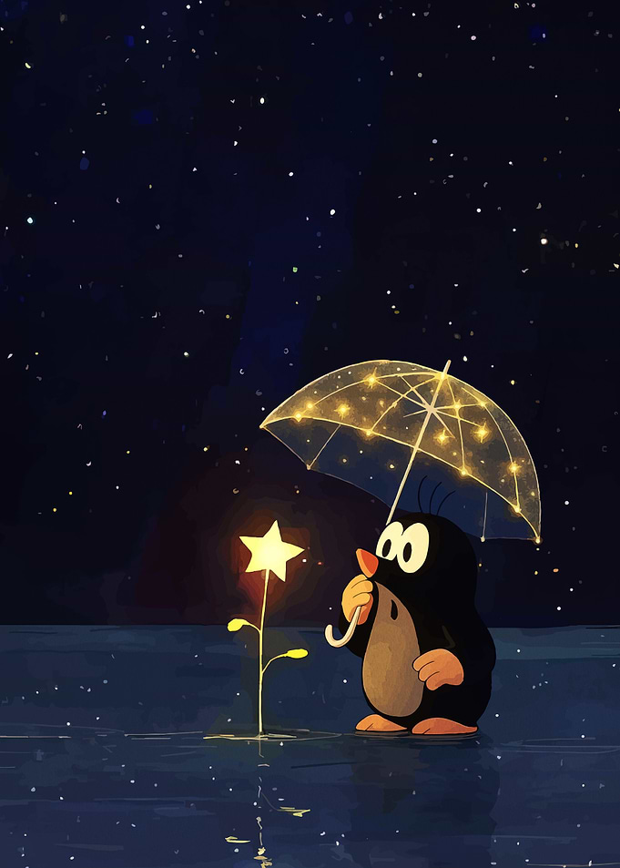 Mole with Star Umbrella at Night