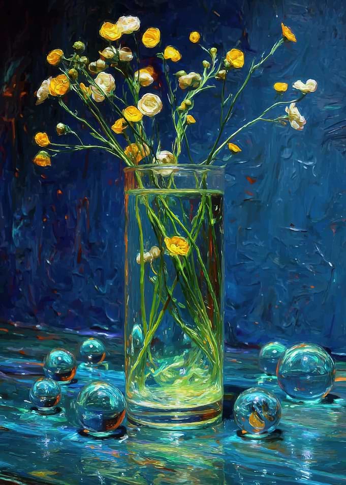 Yellow Flowers in Glass Vase with Marbles